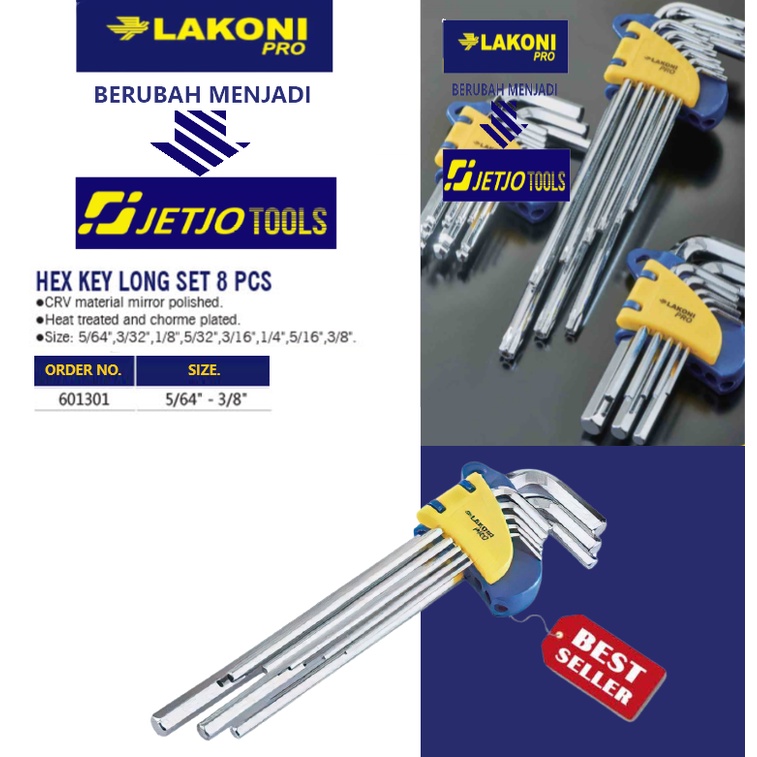 Kunci L set panjang / Hex Key Long Set 8 pcs Inch LAKONI PRO / JETJO TOOLS 601301