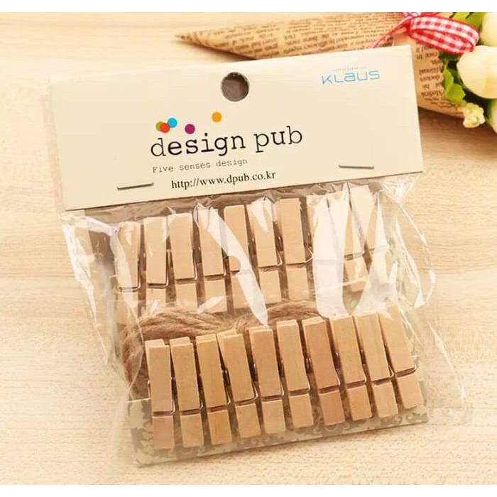 Wooden Clip Polos / warna Jepitan Photo Foto Kayu - isi 20 pcs + tali rami 60 gr