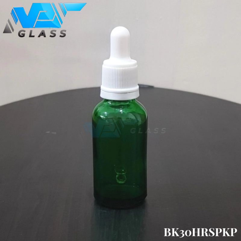 botol kaca pipet 30ml tebal hijau - ring segel putih