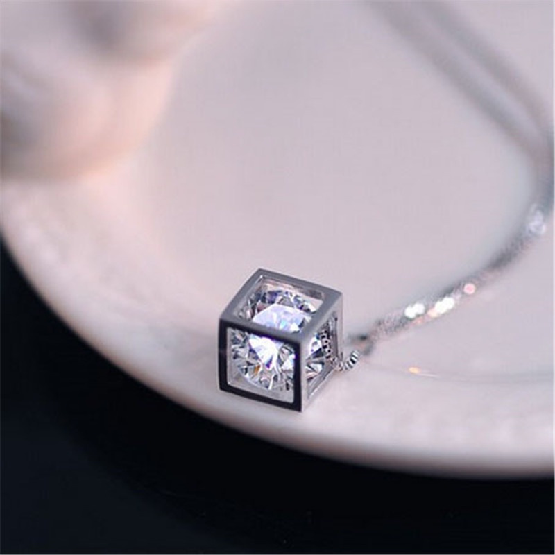 [Ready Stock]Fashion Silver-Plated Square Rubik's Cube Pendant Diamond Necklace