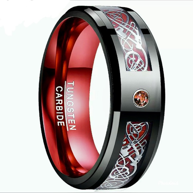 Cincin Pria Tungsten Carbide Original Red Dragon Celtic Cubic Zirconia High Quality