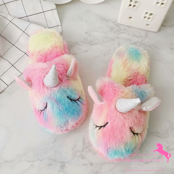 Sandal Tidur Slippers Flip Flop Selop Unicorn Bulu Kamar Anak Halus Perempuan Cewek Rainbow Kado Ulang Tahun Birthday Penutup Mata Plush Bandana