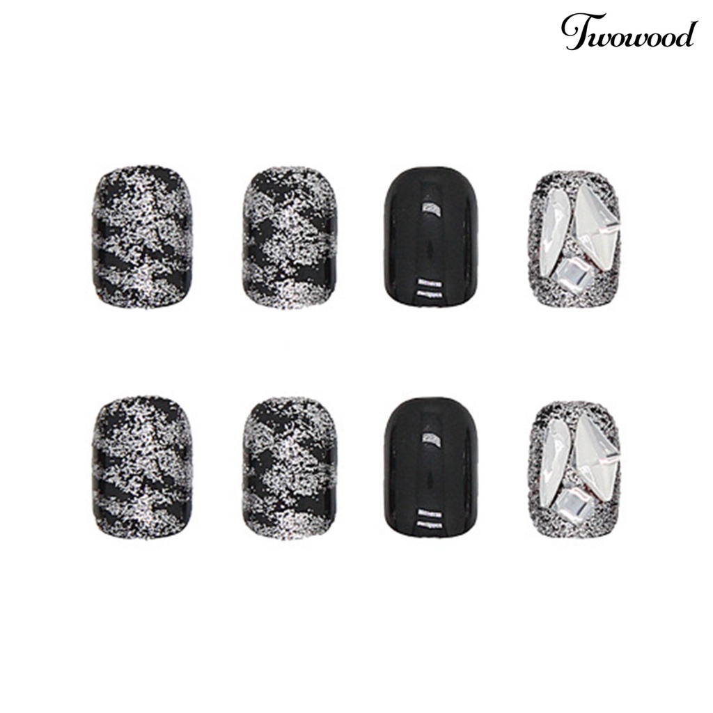 Twowood 24Pcs / Kotak Kuku Palsu Bahan ABS Warna Hitam / Silver Untuk Nail Art