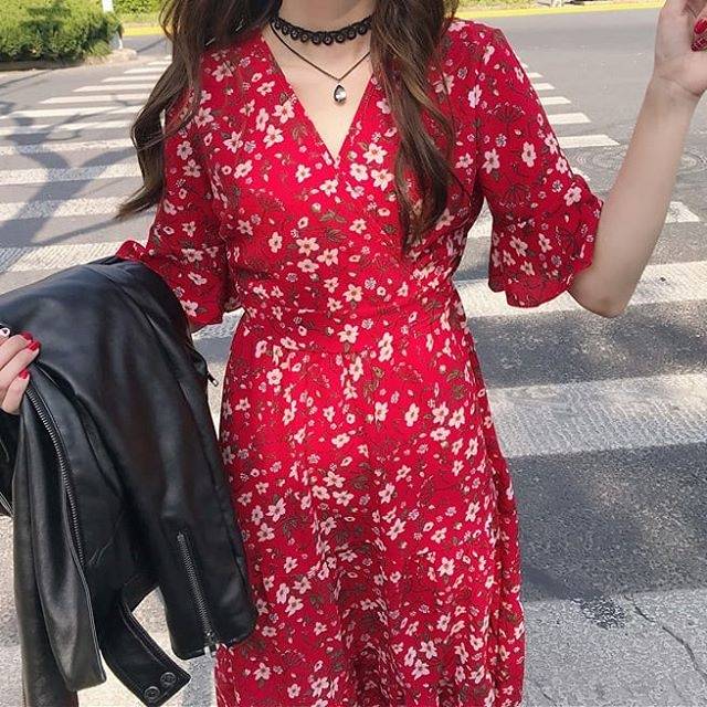 KA93 ELLEN DRESS RED/ BAJU TERUSAN MERAH BUNGA IMLEK WANITA IMPORT HONGKONG GAYA KOREA SALE