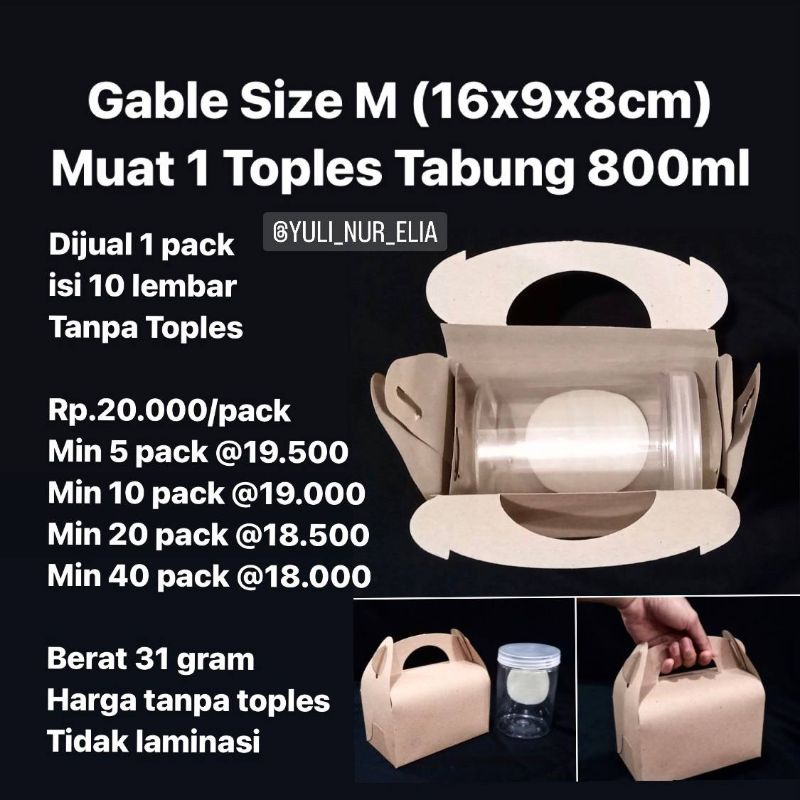 

Gable Box Size M (16x9x8cm) Muat 1 Toples Tabung 800ml Dijual 1 pack isi 10 lembar