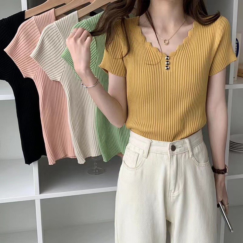 New Knit (PK87) Sweater kancing depan rajut Lengan Pendek - rajut korea Atasan Wanita Rajut Import