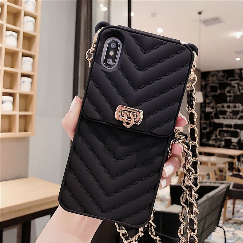 Softcase Silikon Tas Chan*nel Hitam Tali rantai Iphone 7 8 7+ 8+ X Xs Xr Max 11 12 13 Pro Max FH45