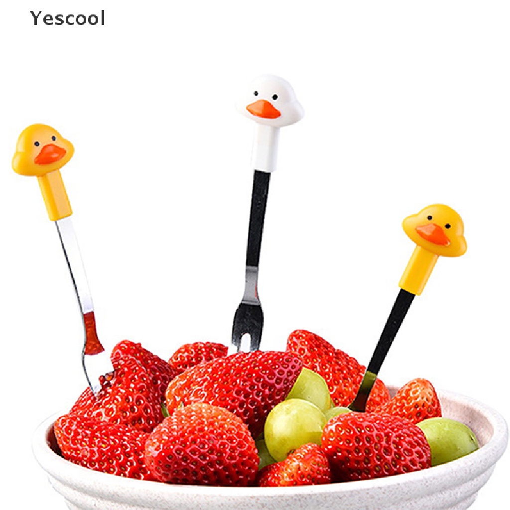 Yescool 6pcs / Set Garpu Buah / Dessert / Salad Mini Bentuk Kartun Bebek Bahan Stainless Steel