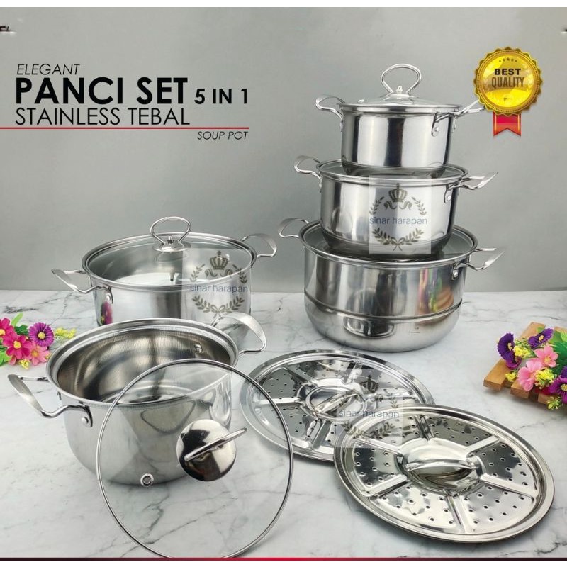 PANCI SET ISI 5 PCS STAINLESS tutup KACA +STEAMER KUKUSAN 2PCS