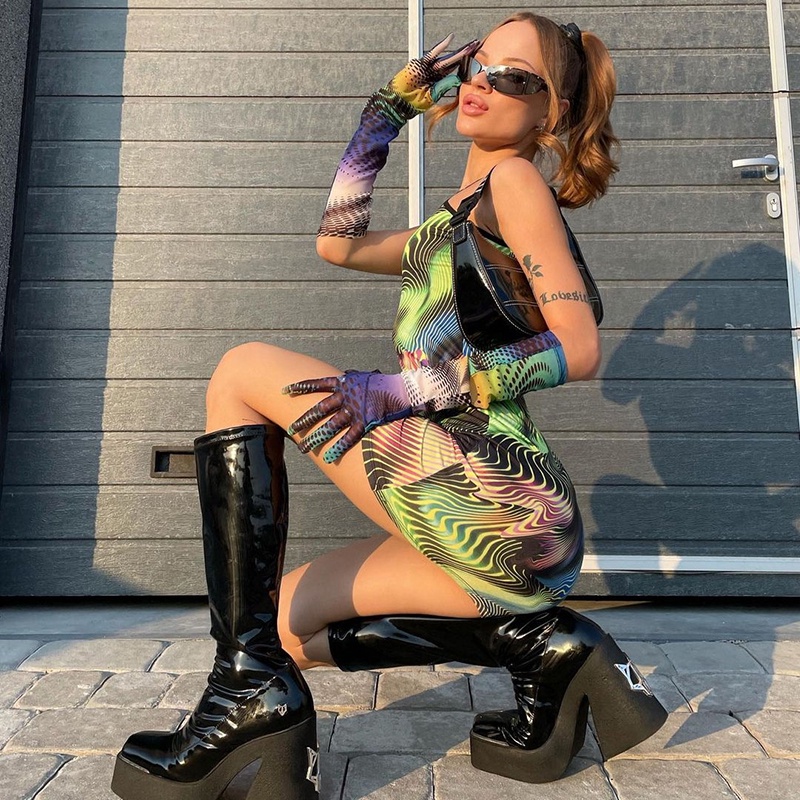 #Sisjuly#Gaya milenium cyberpunk tidak teratur halterneck rok suspender gaun pinggang ramping wanita