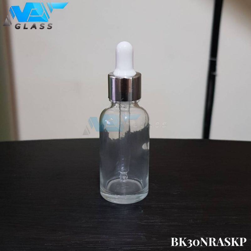 botol kaca pipet 30ml bening tebal - ring almunium silver