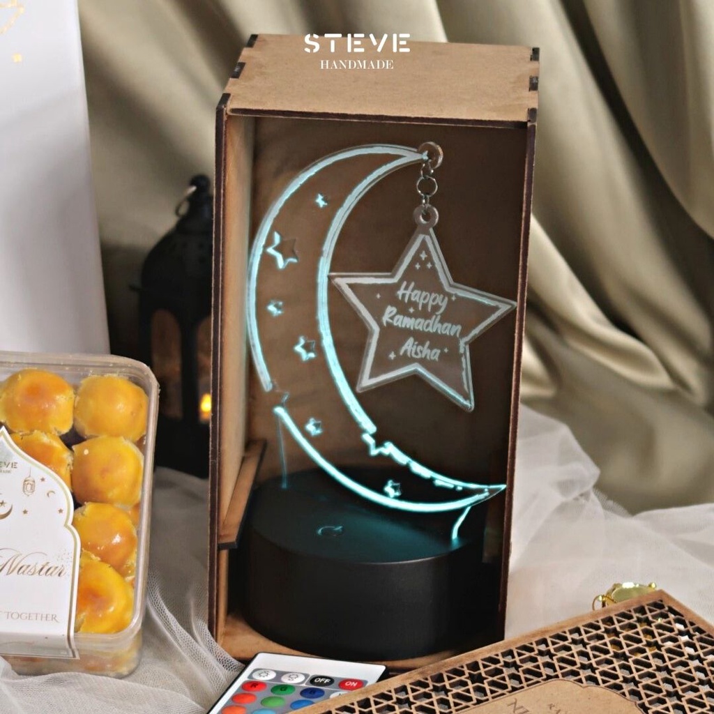 Lampu Tidur Edisi Idul Fitri Wooden Box Ramadhan Custom Foto Akrilik LT2001 Kado Unik Eid Mubarak