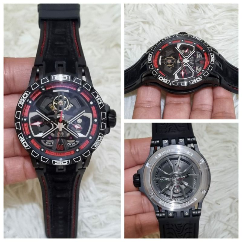 Jam Tangan Pria Roger Dubuis Autometic Tali Kulit Super Premium Garden AAA - Warna Hitam Merah