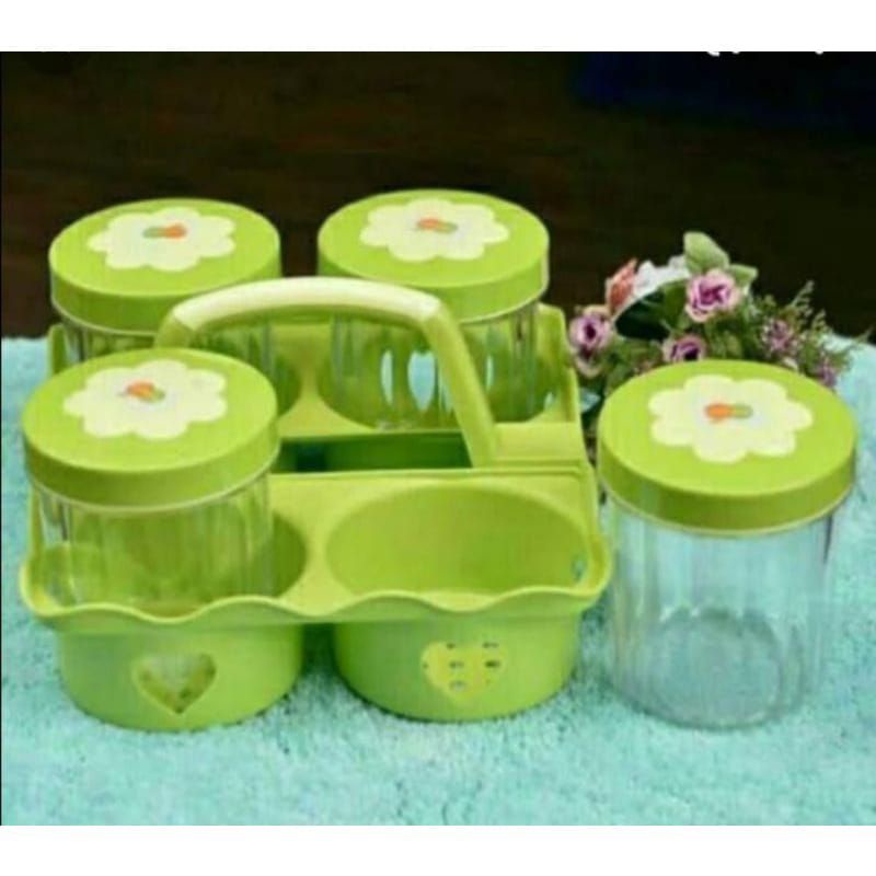 Set Toples Dan Rak Set Toples Kue Lebaran Warna Hijau Toples Bunga dan Kupu Golden Sunkist