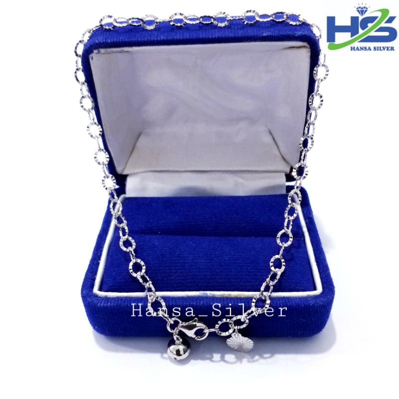 Gelang Kaki Perak Asli Silver 925 Lapis Emas Putih  Model Rantai Nori Ukir - Perak Asli 925 Anti Karat