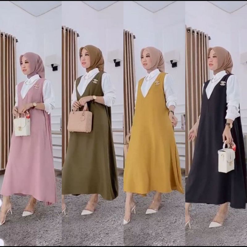 gamis premium viral set overal rimsa KEMEJA DAN OVERAL PISAH size M L XL, BEST SELLER