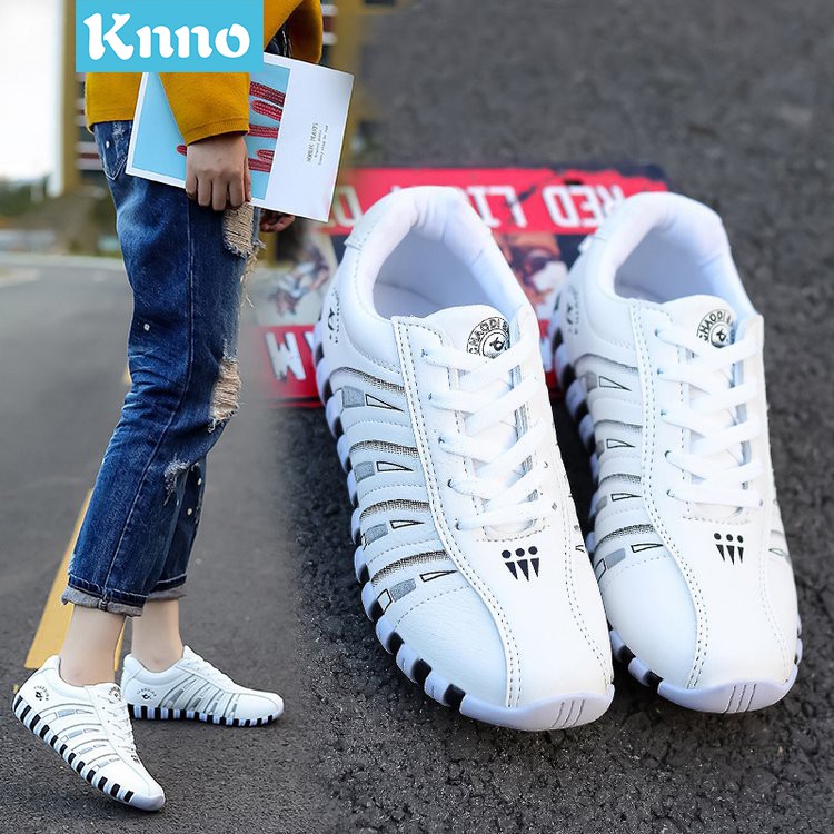 Kano style Fashion Wanita PU Striped Leather Casual Lace-up Sneakers