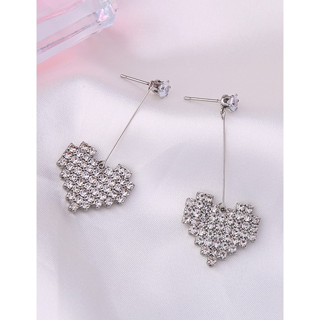 LRC Anting Tusuk Fashion Silver Crystal-studded Heart-shaped Earrings F94093