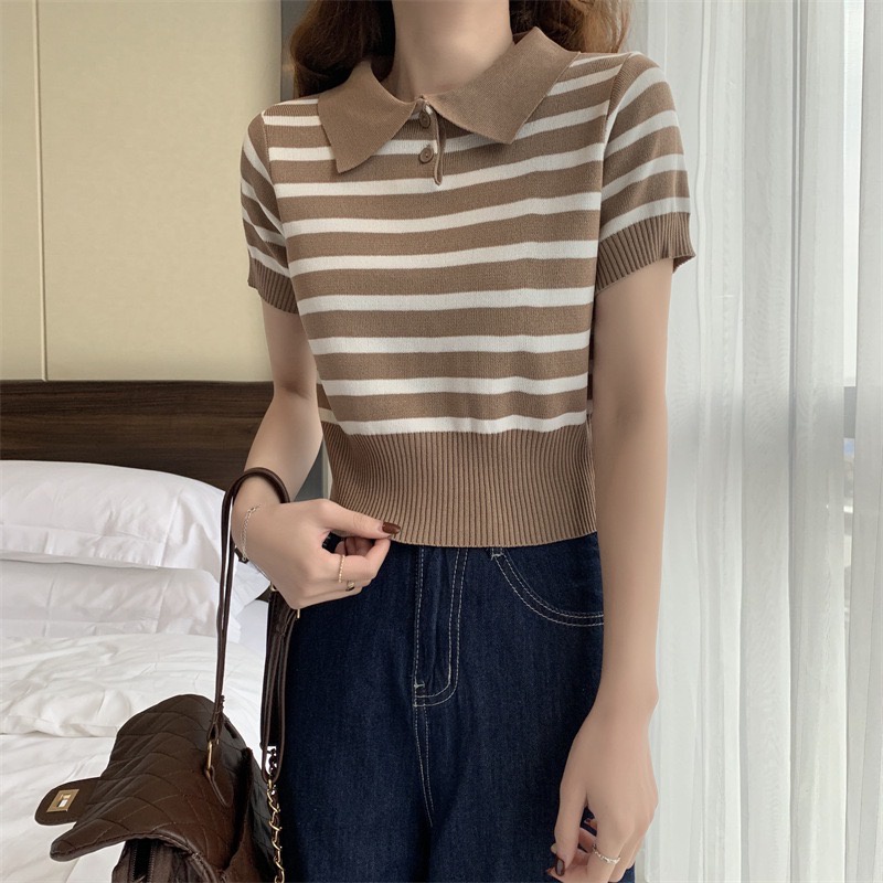 IRENE atasan polo korea rajut garis striped retro casual