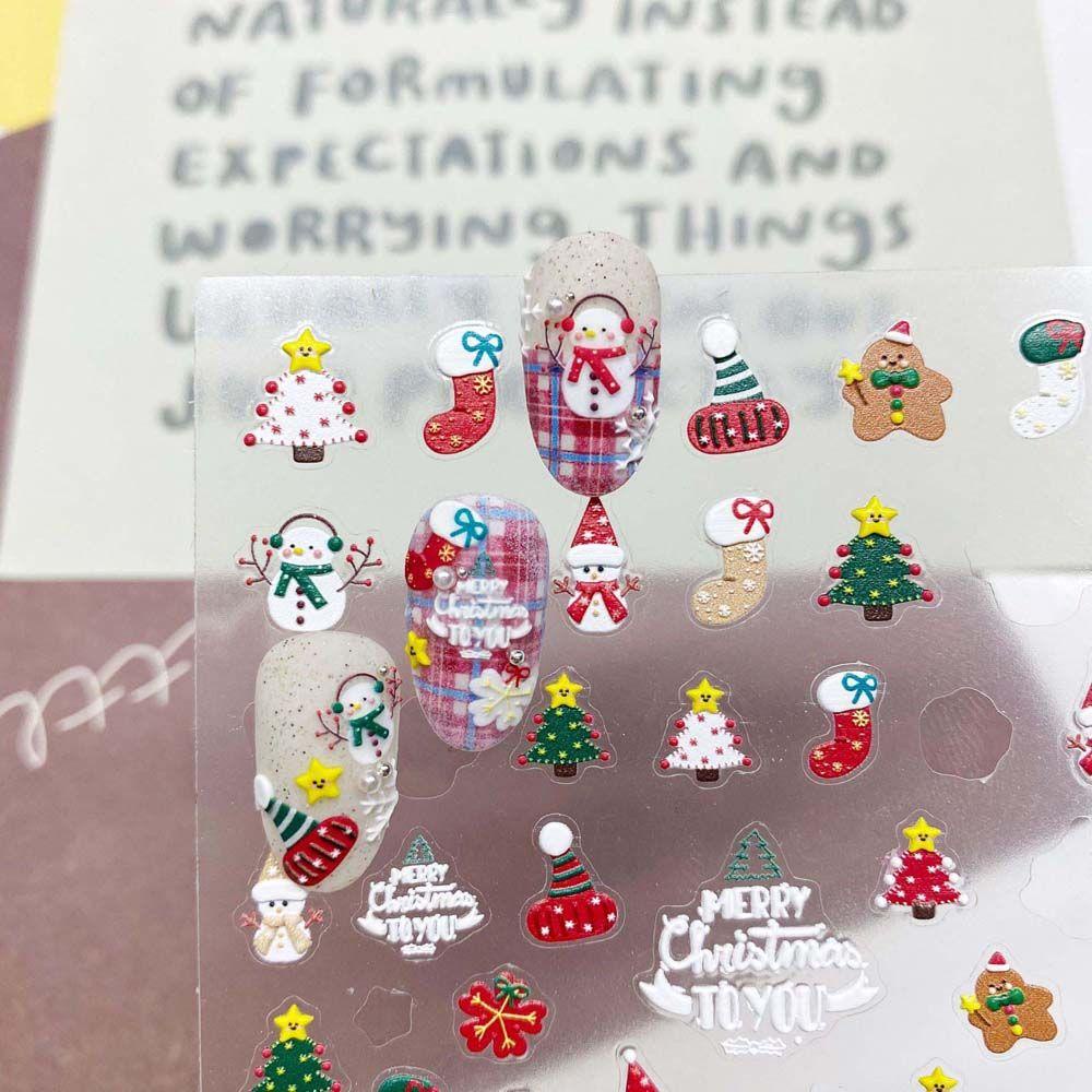 AUGUSTINA Agustina Stiker Kuku Natal Beruang Perekat Diri Elk Santa Claus Gingerbread Cookies Nail Art Dekorasi