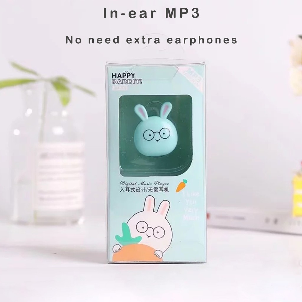 JM23 Kartun Lucu Kelinci Bentuk Mini Earphone MP3 Player Dukungan Kartu TF
