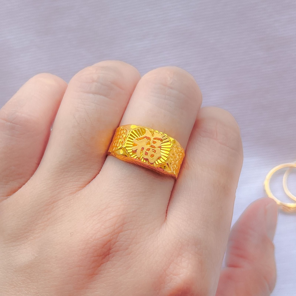 Cincin pria cowok anak dan dewasa emas asli kadar 700 65% 16k lebar ukir 福 hoki blessing ringan 1 gram besar terbaru