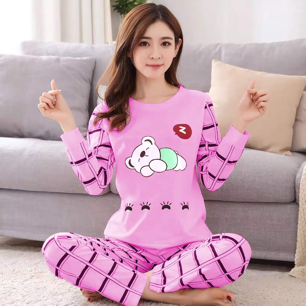Lilipop.id  Baju Tidur Wanita Sleep Bear Celana Panjang PP Allsize Lengan Panjang Baby Doll Bahan Kaos Dewasa