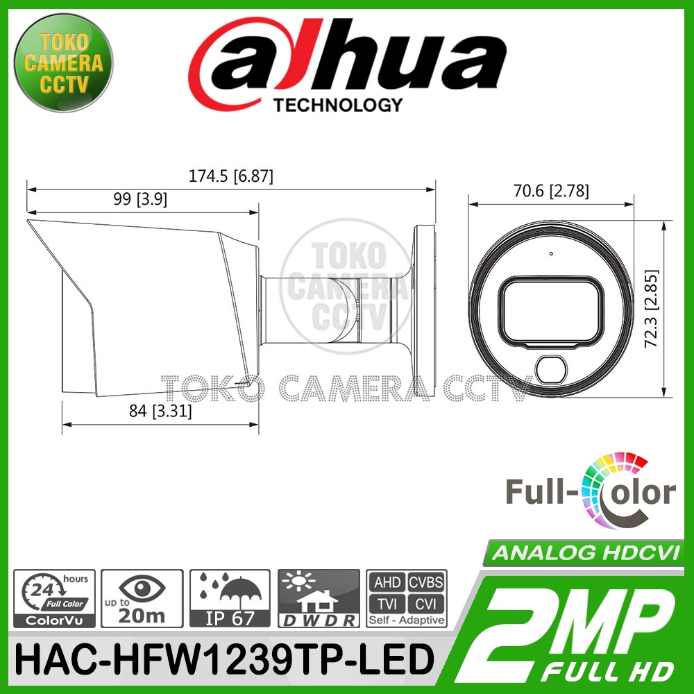 KAMERA OUTDOOR 2MP COLOR DAHUA HAC-HFW1239TP-LED CAMERA DAHUA BERWARNA