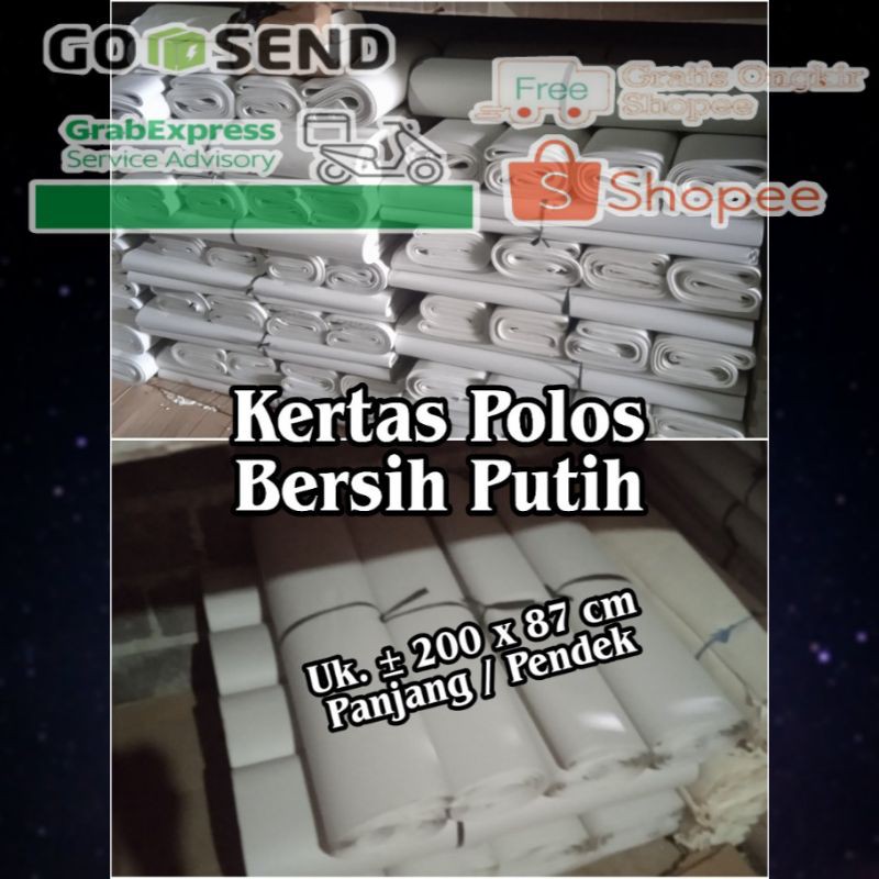 

Kertas polos putih pabrik bersih baru uk. ± 200 x 75 cm (10 Kg / 1 Rhim)