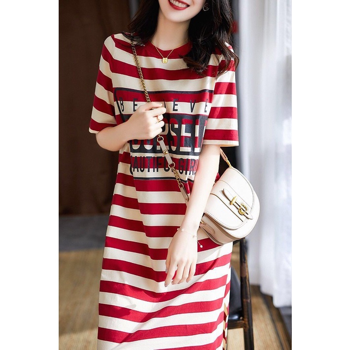 #Sisjuly# Dress Kaos Sablon Wanita Garis-Garis Dress Wanita Lengan Pendek Lengan Pendek Atasan Belah