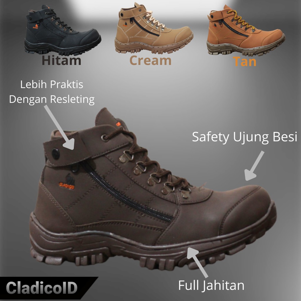 Sepatu Boots Pria Safety Ujung Besi dengan Resleting Outdoor Kerja Lapangan Boot Proyek Sefty Shoes Luar Ruangan Hiking Mendaki Gunung Berkendara Cladico Liontinggi