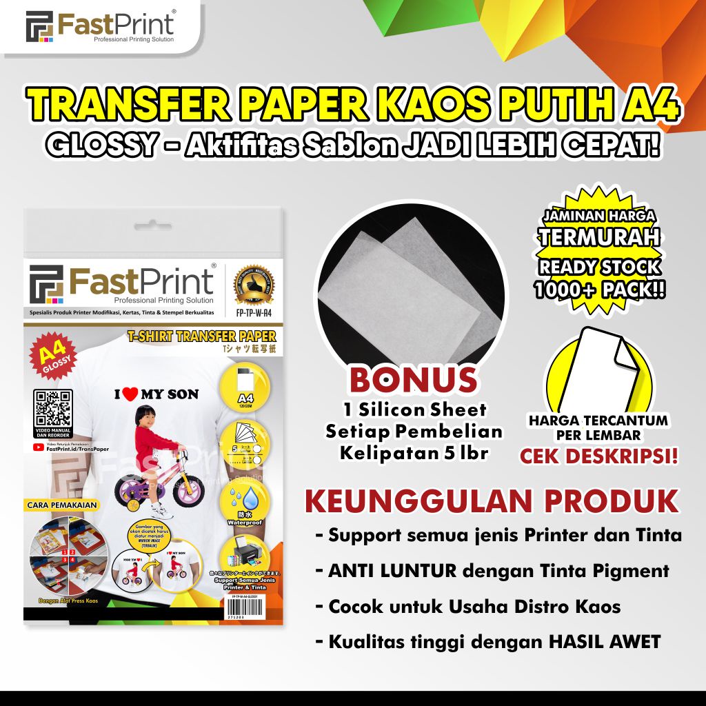 T-Shirt Kertas Transfer Paper Light Kaos Putih Warna Terang A4 Taiwan Glossy