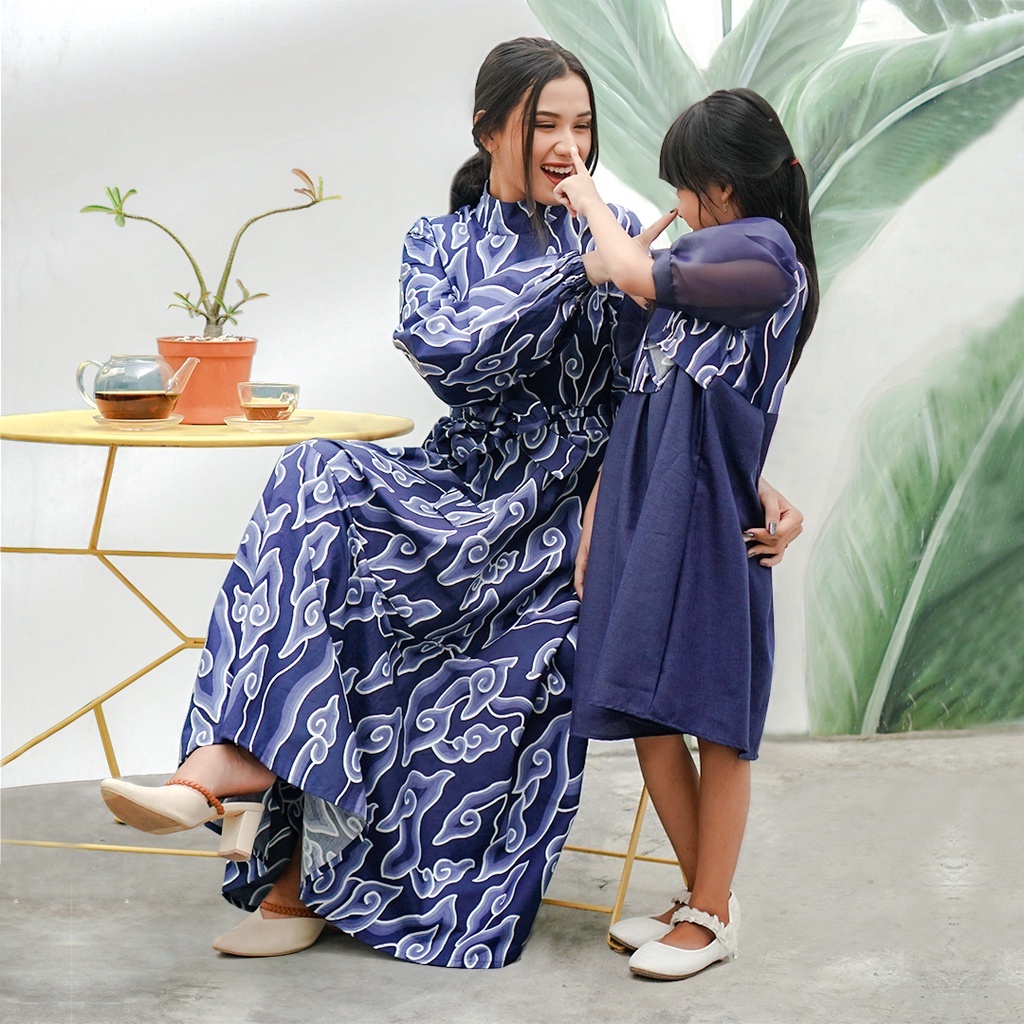 BATIK TRUSMI Dress Batik Wanita SET Couple Ibu dan Anak Mega Mendung Premium