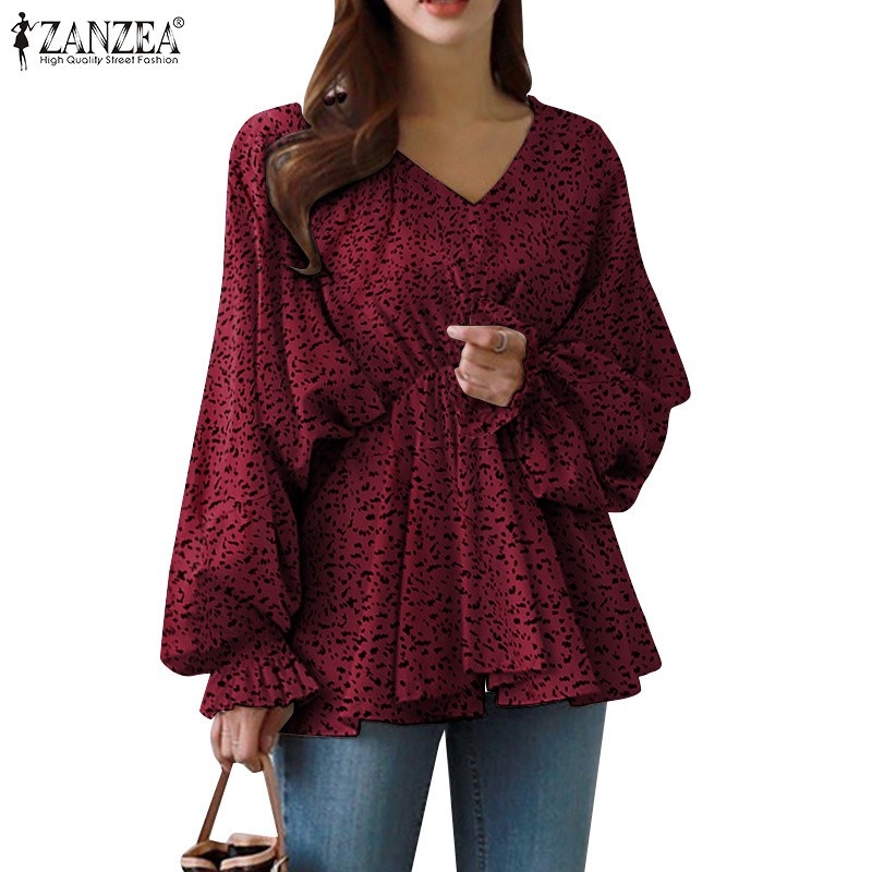 ZANZEA Women Fashion Full Sleeve V Neck Leopard Printed Casual Loose Blouse