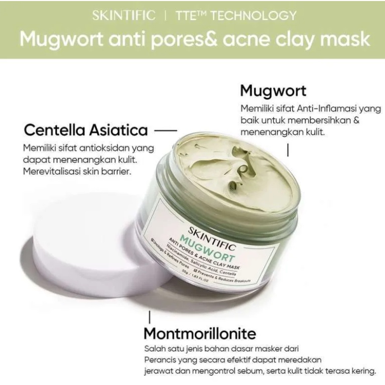 SKINTIFIC Mugwort Mask Anti Pores &amp; Acne Clay Mask Pore Clarifying Mud Mask Wash Off Pack 55G [BPOM]