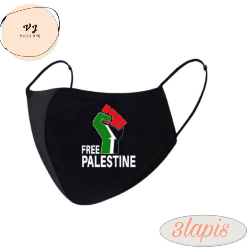 Masker PALESTINE hitam 3PLY / masker kain 4D / bomber / 3 lapis headloop earloop / EVO / pria wanita