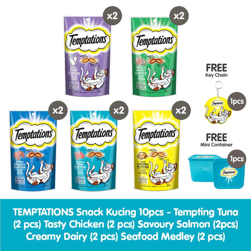 TEMPTATIONS™ Snack Kucing 85gr isi 10pcs - Tuna (2) Chicken (2) Salmon (2) Dairy (2) Seafood (2)