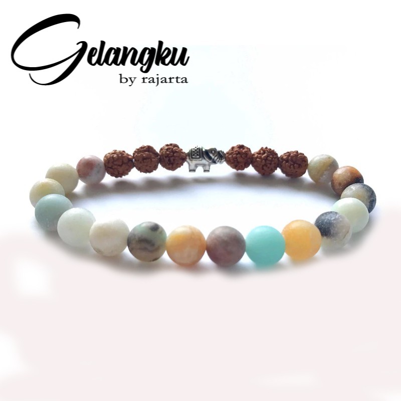 Gelang Vintage Matte Amazonite Bracelet Nature Rudraksha Bracelet Elephant