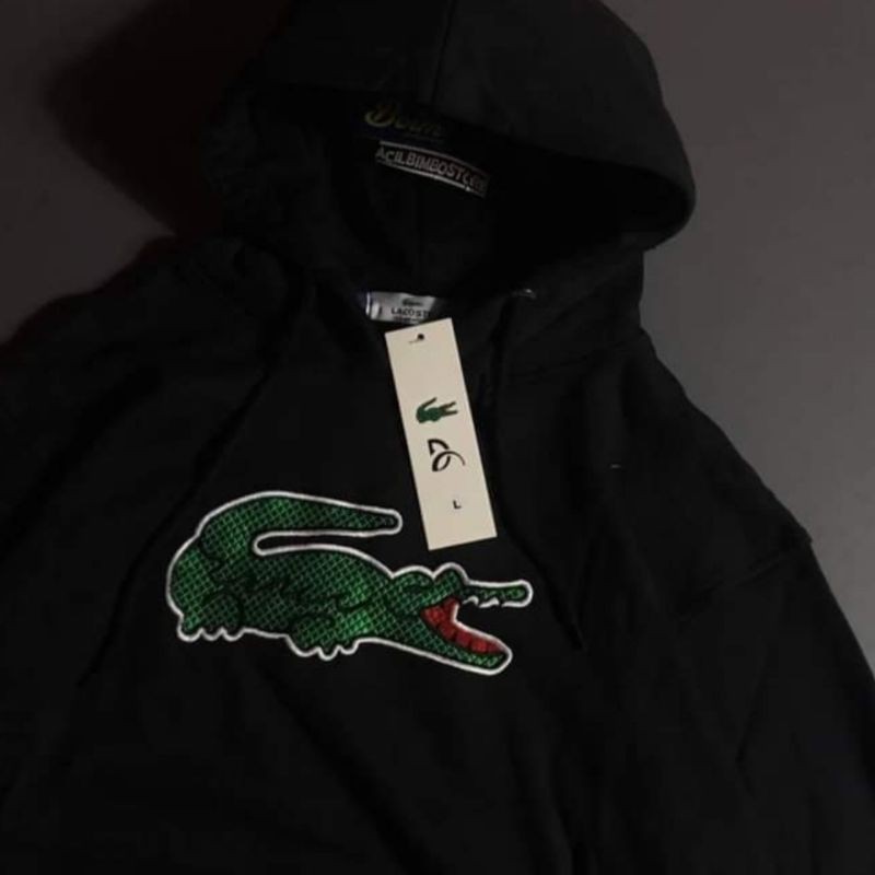 sweater Lacoste Hoodie jaket hitam full logo grade original