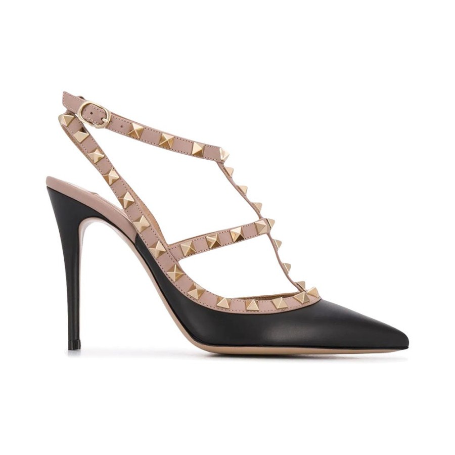 VLTN Rockstud Ankle Strap Pumps Heels 10cm Black Calf Poudre