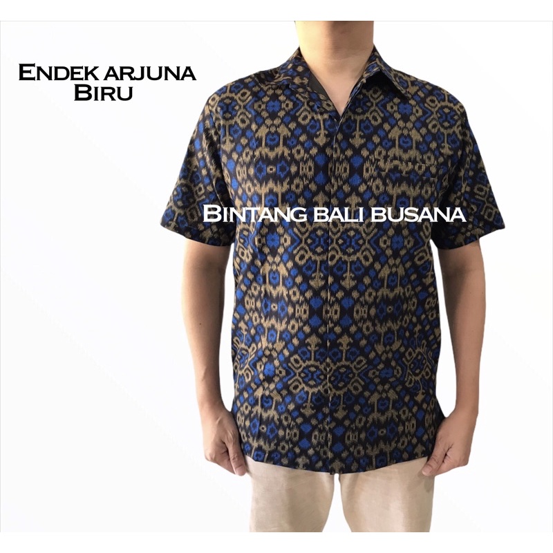 Kemeja pria endek bali katun lengan pendek warna biru motif arjuna