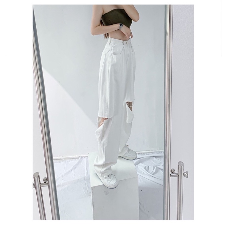 RIPPED JEANS IMPORT HIGHWAIST CELANA PANTS WHITE DENIM HW WANITA CEWEK BAGGY SOBEK MX843