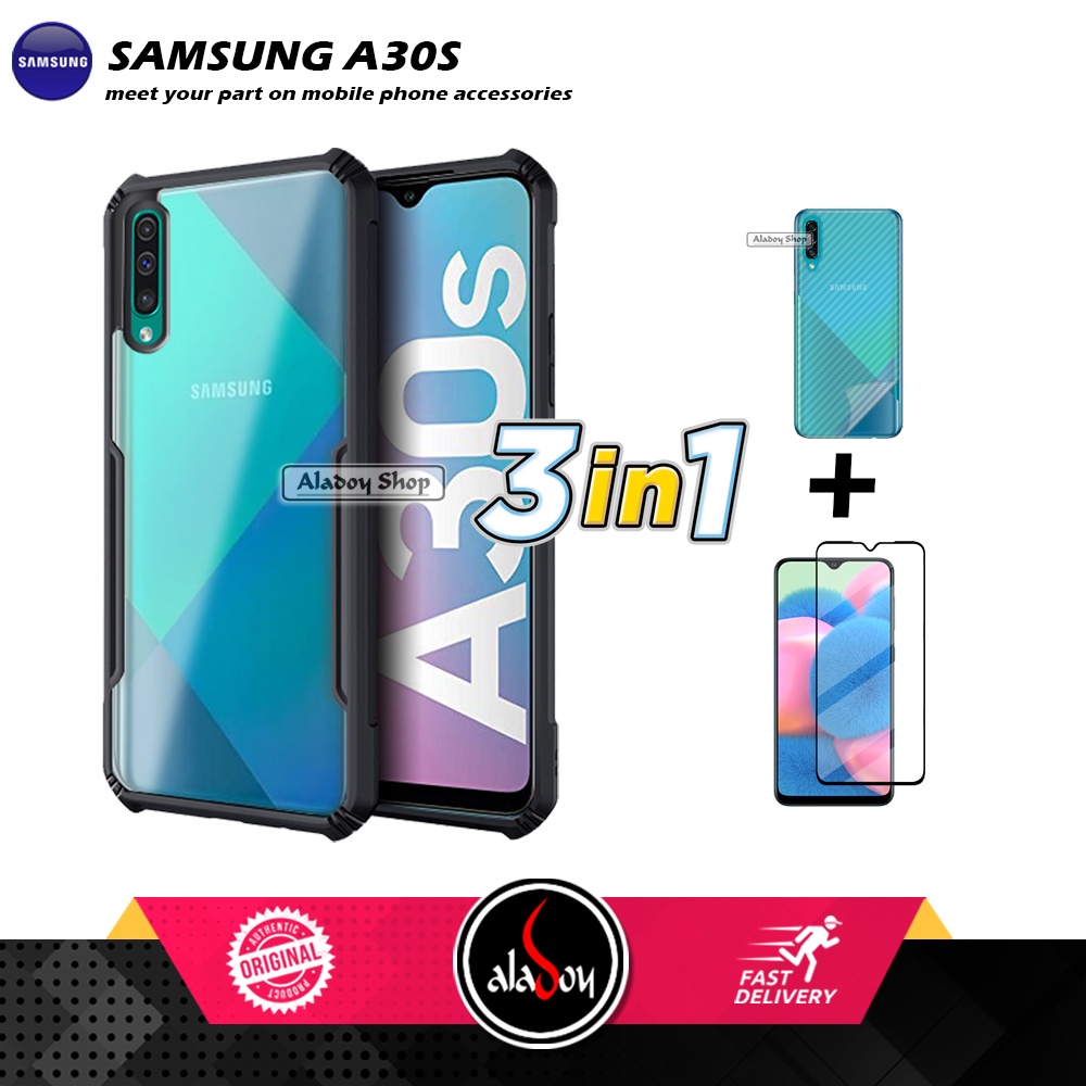 Case SAMSUNG A30S Armor Fushion Transparent Casing + Tempered Glass Full Layar dan Skin Carbon