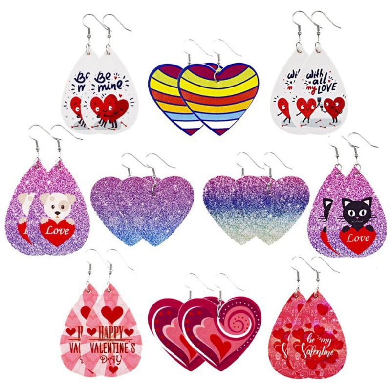 SIY  10 Pairs Valentine Day Leather Earrings Women Lightweight Heart Shape Print Love Dangle Faux Leather Earrings Kit Women