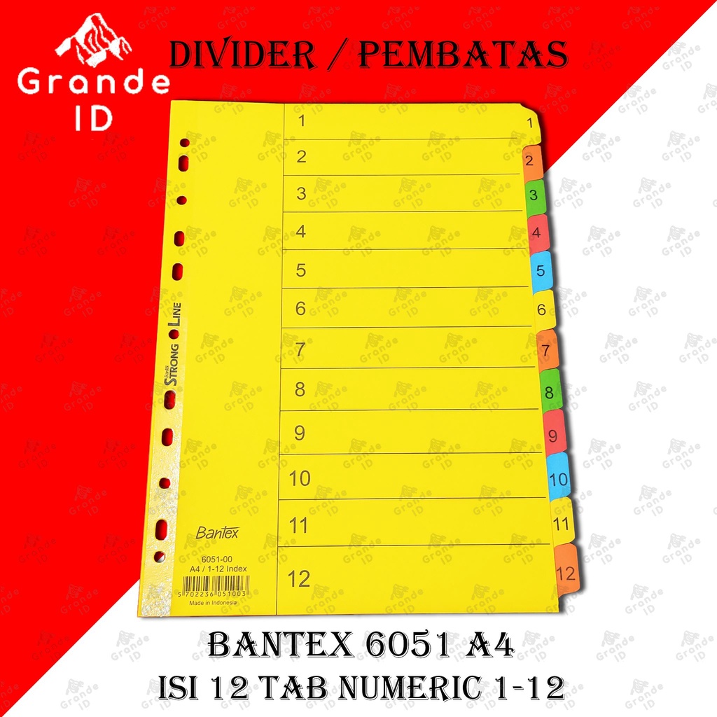 

DIVIDER BANTEX 6051 A4 ISI 12 TAB NUMERIC 1-12 INDEX PEMBATAS FILE