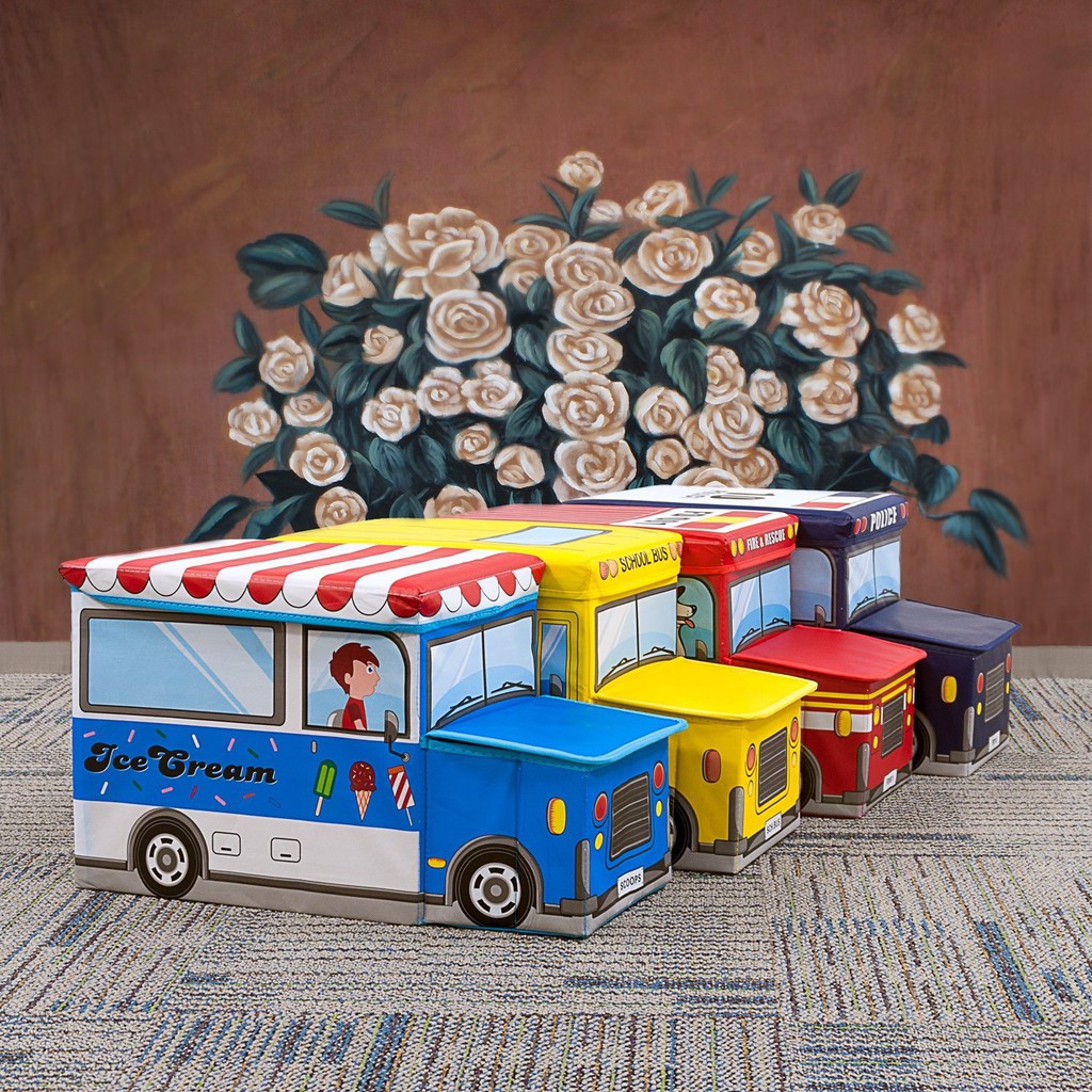 Toy Box Bus Storage Box Car Cartoon Kotak Mainan Organizer Tempat Penyimpanan Mainan Storage Stool Foldable Souven Police Ambulance Bus School Ulang Tahun Anak