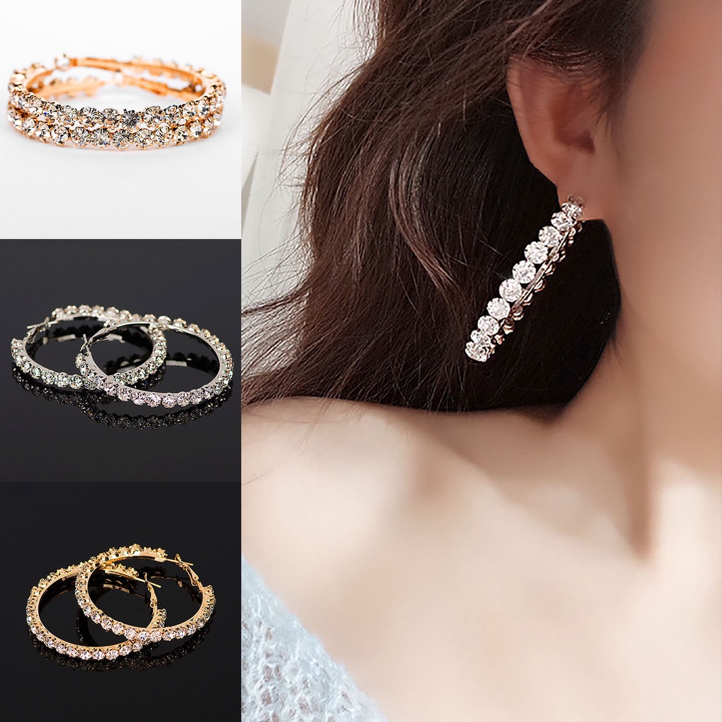 Hu Hu Hu Hu Hu Alat Bantu Pasang Kacamata♡ 1 Pasang Anting Hoop Bentuk Bulat Aksen Berlian Imitasi Gaya Vintage Untuk Wanita