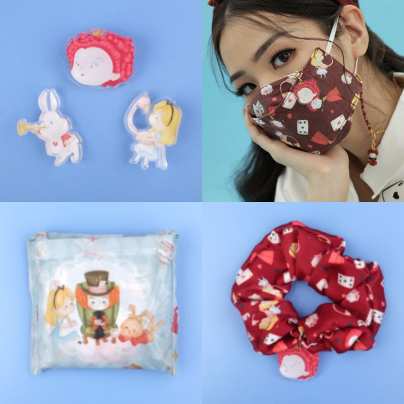 Masker Jasmine Tease Alice, Welcome to Wonderland, JT 3D Mask Chain, Scrunchie, Pin Set,Foldable Bag
