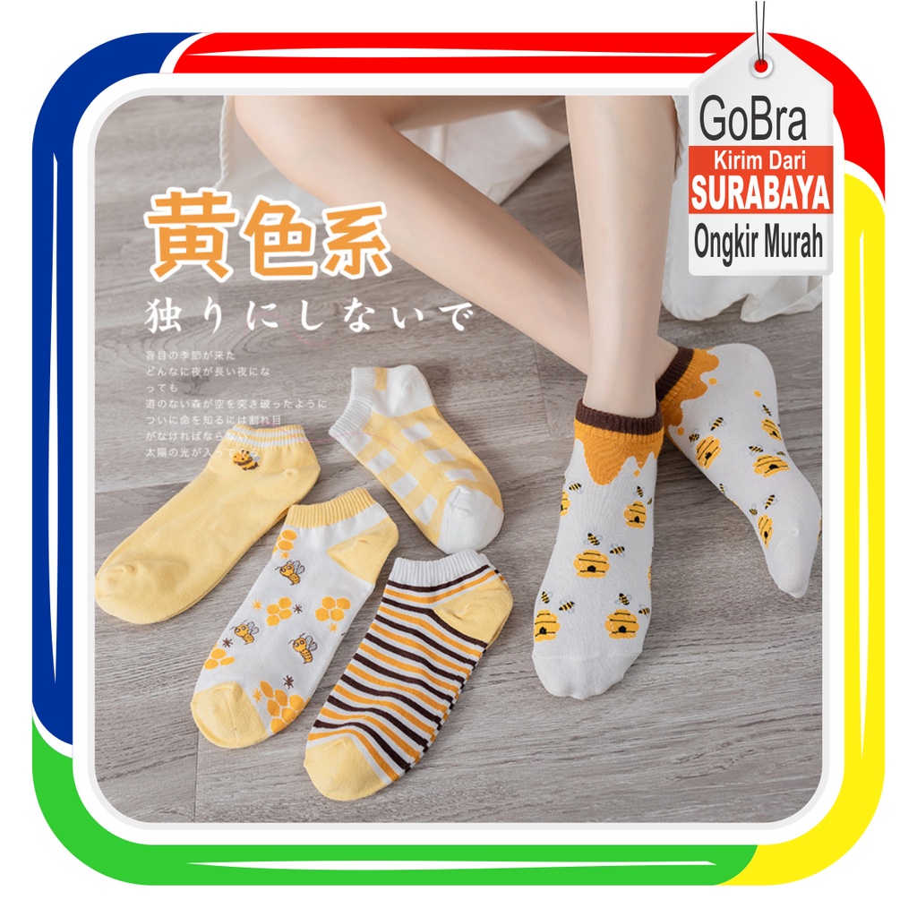 Gobra ♕ KK021 Kaos Kaki (Tanpa Kemasan) Wanita Tipis Pendek Semata Kaki Motif Bunga Lebah Bee Kuning Fashion Korea Women Sock Import Murah