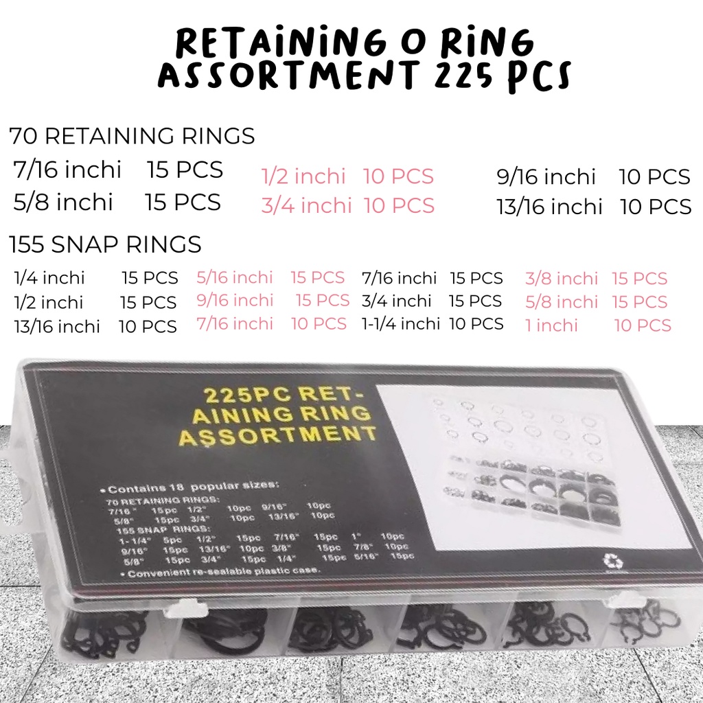 CIRCLIP / EXTERNAL RETAINING / SNAP RING SET ISI 225PCS + BOX